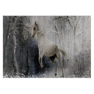 White Winter Horse In Mountain Forest  Schneidebrett