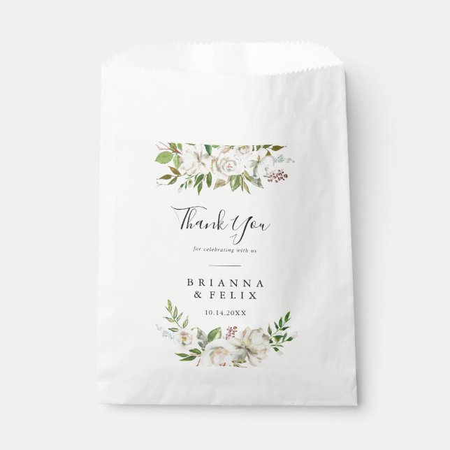 White Winter Peony Floral Danke Hochzeit Geschenktütchen (Vorderseite)