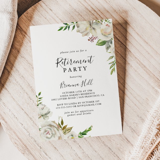 White Winter Peony Floral Retirement Party Einladung (Von Creator hochgeladen)