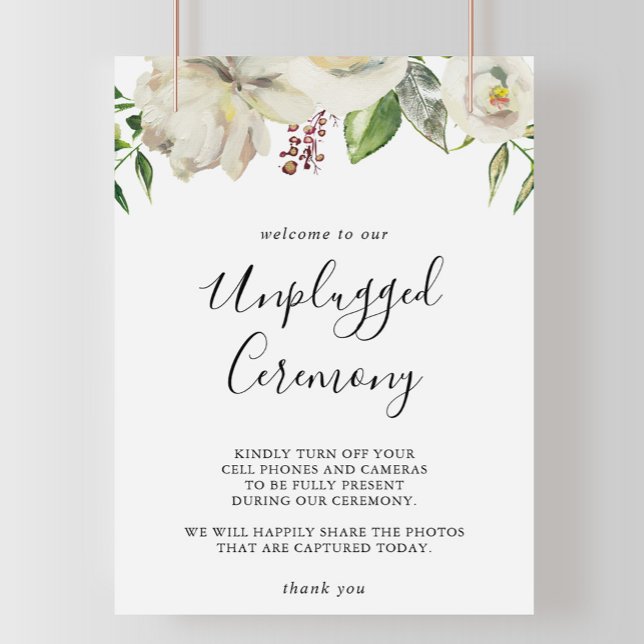 White Winter Peony Floral Unplugony Zeremony Sign Poster (Von Creator hochgeladen)
