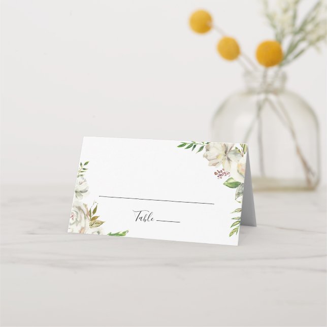 White Winter Peony Floral Wedding Platzkarte (Vorderseite)