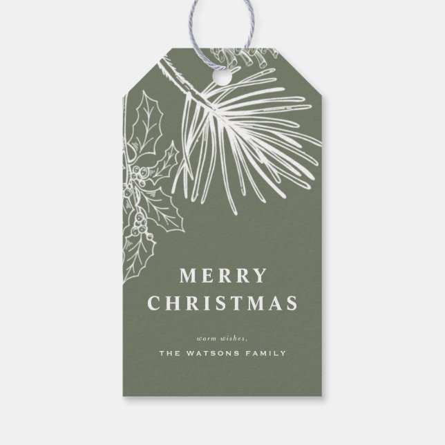 White Winter Pine Botanische Taupe Grün Weihnachte Geschenkanhänger (Rückseite)