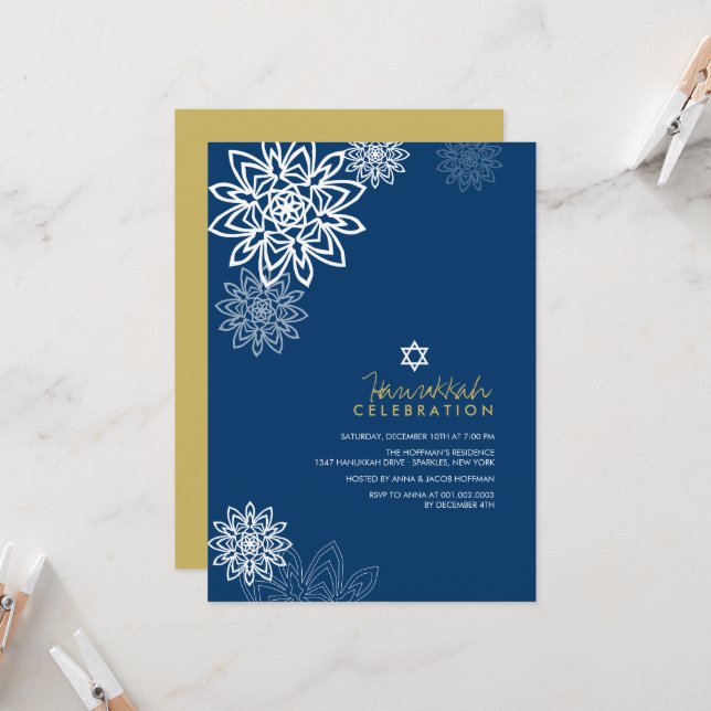 White Winter Snowflakes Hanukkah Celebration Party Einladung (Vorderseite/Rückseite Beispiel)