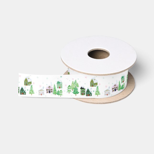 White Winter Village Satin Ribbon Satinband (Spule)