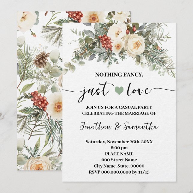 White Winter Wedding Nothing Fancy Just Love  Einladung (Vorne/Hinten)
