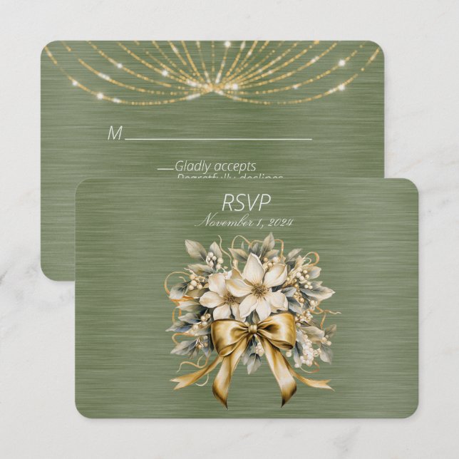 White Winterberry Green Leaf Gold Ribbon RSVP Karte (Vorne/Hinten)