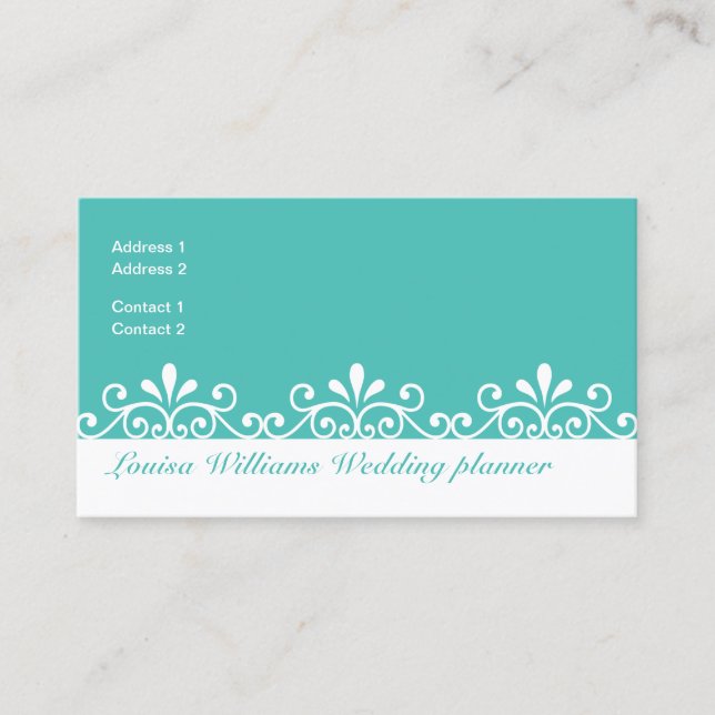 White Wirbel Aquamarin Bride Groom Hochzeitsplaner Visitenkarte (Vorderseite)