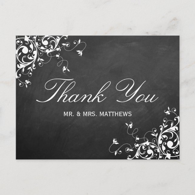 White Wirbel auf Chalkboard Hochzeit Danke Postkarte (Vorderseite)