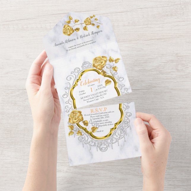 White with Gold lace and Roses All In One Einladung (Abreißen)