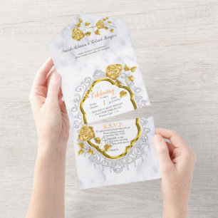 White with Gold lace and Roses All In One Einladung