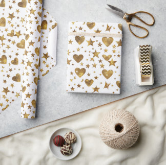 White With Gold Sparkle Hearts Geschenkpapier