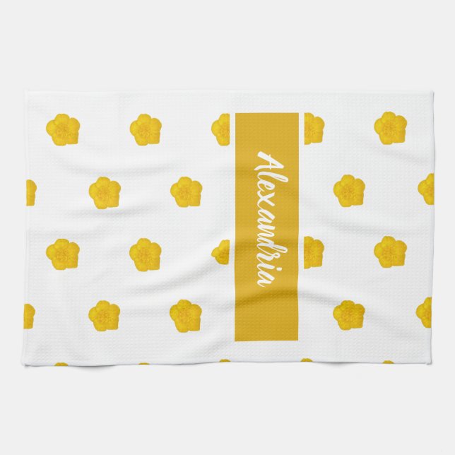 White With Yellow Wildflower Photos Custom Name Geschirrtuch (Horizontal)