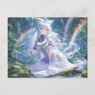 White Wolf Anime Girl Postcard   Fantasy Anime Art Postkarte