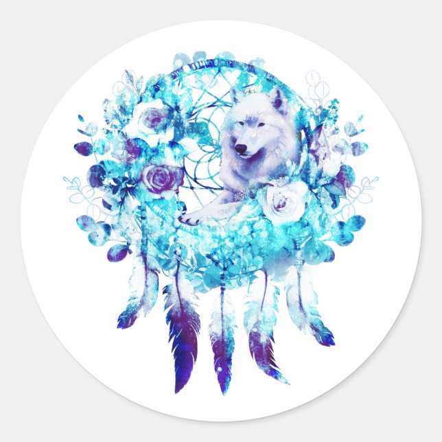 White Wolf Dreamcatcher Lila Blue Floral Runder Aufkleber (Vorderseite)