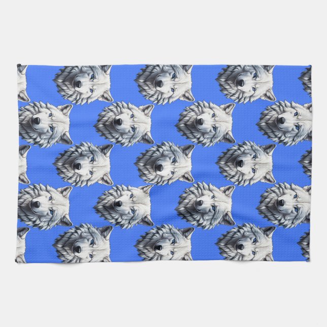 White Wolf Head Muster Design Blau Geschirrtuch (Horizontal)