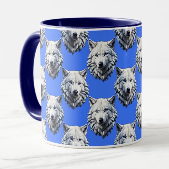 White Wolf Head Muster Design Blau Tasse (Von Creator hochgeladen)