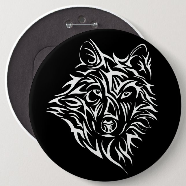 White Wolf Kopf auf schwarz Button (Vorne & Hinten)
