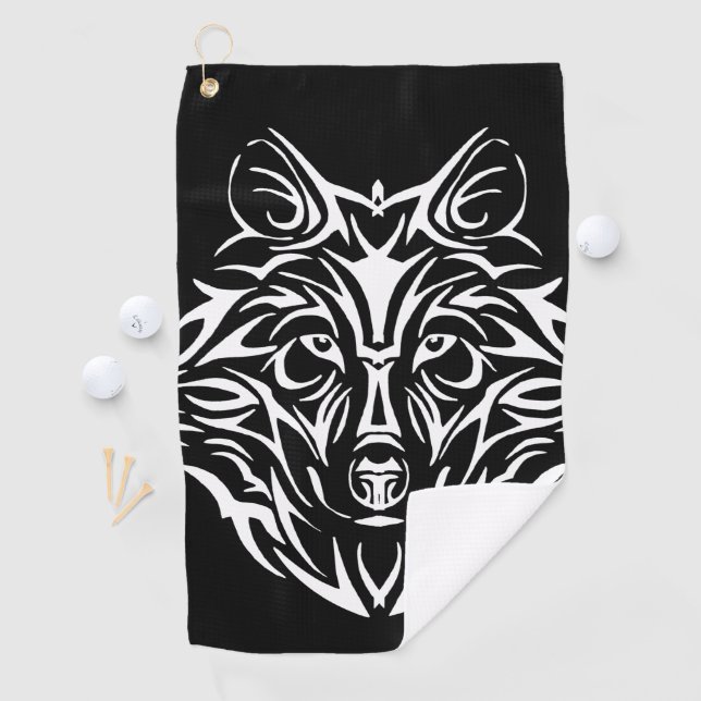 White Wolf Kopf auf schwarz Golfhandtuch (Insitu)