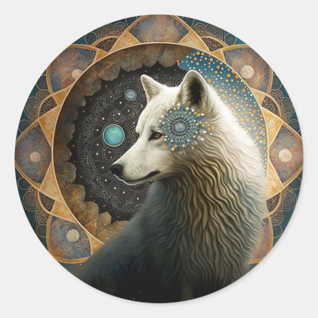 White Wolf Mandala Runder Aufkleber (Vorderseite)