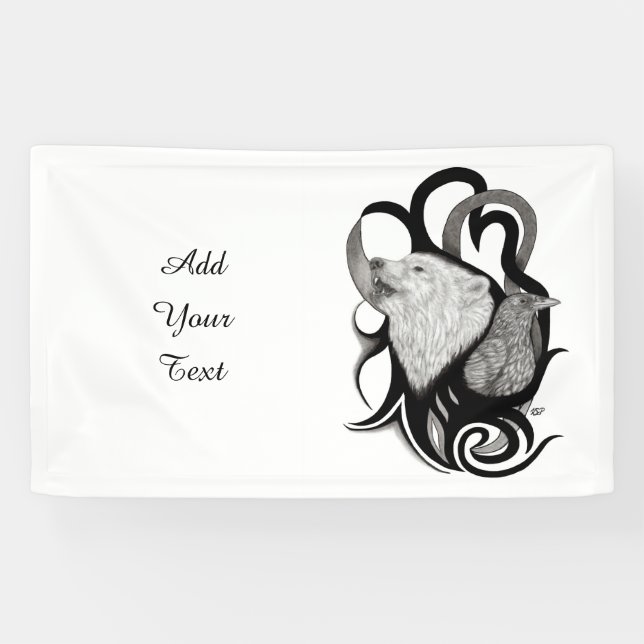 White Wolf mit Raven Tribal Art Banner (Horizontal)