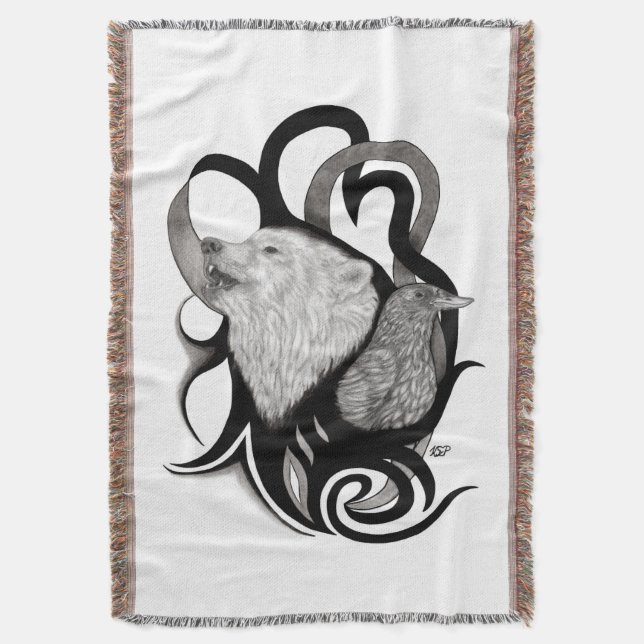 White Wolf mit Raven Tribal Art Decke (Vorderseite Vertikal)