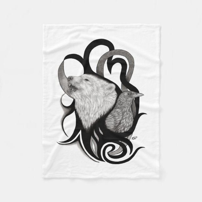 White Wolf mit Raven Tribal Art Fleecedecke (Vorderseite)