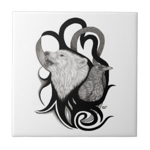 White Wolf mit Raven Tribal Art Fliese
