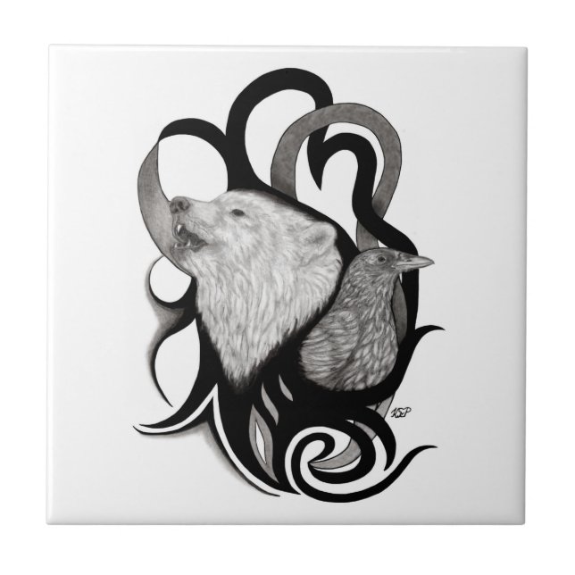 White Wolf mit Raven Tribal Art Fliese (Vorderseite)