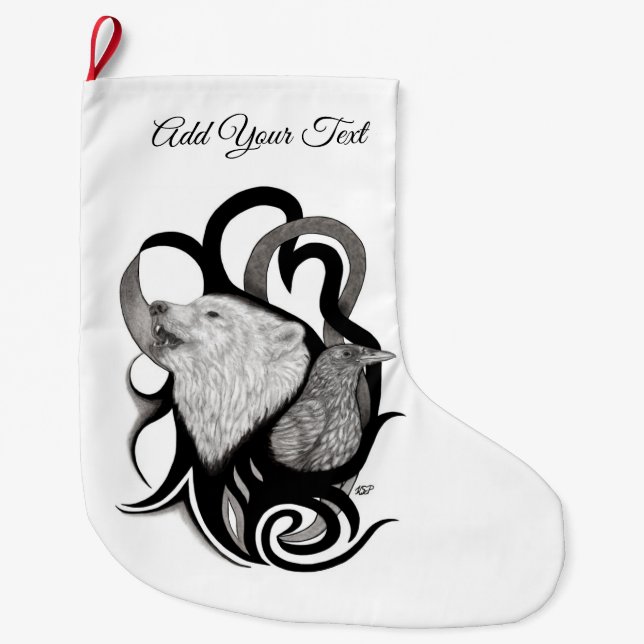White Wolf mit Raven Tribal Art Großer Weihnachtsstrumpf (Vorderseite)