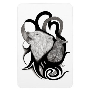 White Wolf mit Raven Tribal Art Magnet