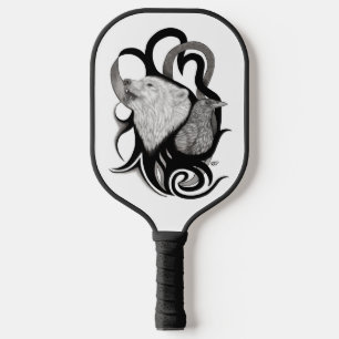White Wolf mit Raven Tribal Art Pickleball Schläger