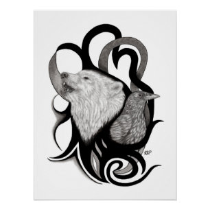 White Wolf mit Raven Tribal Art Poster