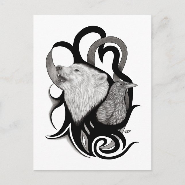White Wolf mit Raven Tribal Art Postkarte (Vorderseite)