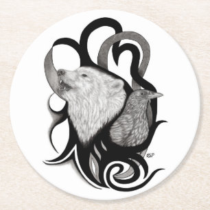 White Wolf mit Raven Tribal Art Runder Pappuntersetzer