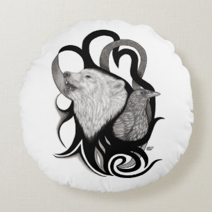 White Wolf mit Raven Tribal Art Rundes Kissen