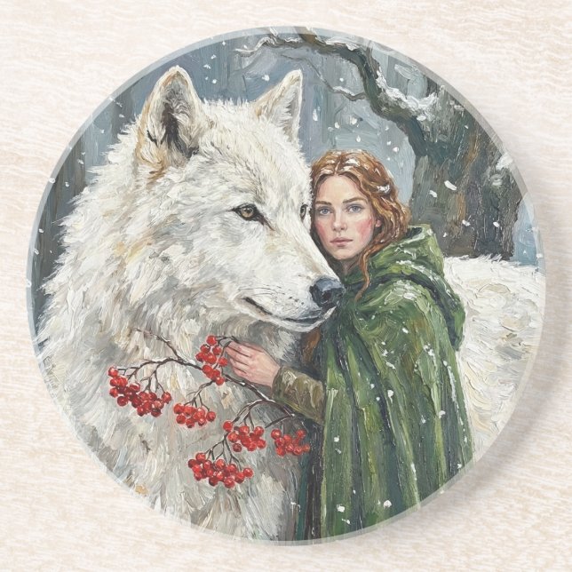White Wolf Redhead Druid Winter Berries Fantasy Ar Getränkeuntersetzer (Vorne)