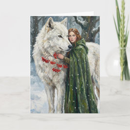 White Wolf Redhead Druid Winter Berries Fantasy Ar Karte