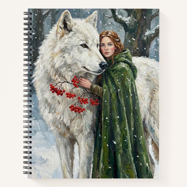 White Wolf Redhead Druid Winter Berries Fantasy Ar Notizbuch (Vorderseite)