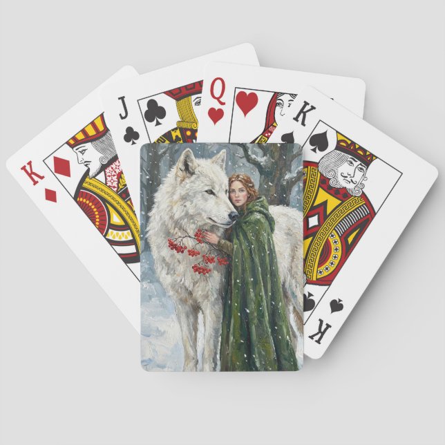 White Wolf Redhead Druid Winter Berries Fantasy Ar Spielkarten (Rückseite)