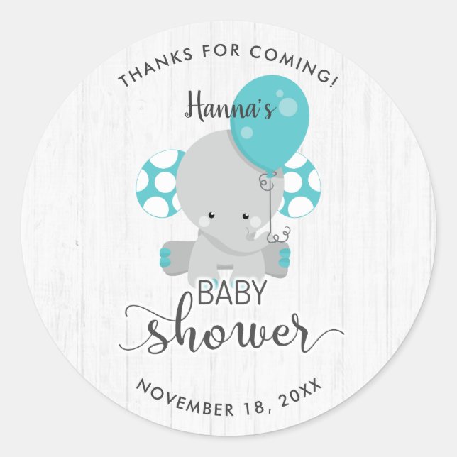 White Wood & Aquamarin Elephant Baby Dusche Vielen Runder Aufkleber (Vorderseite)