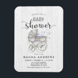 White Wood & Carriage Boy Kinderdusche Einladung Magnet<br><div class="desc">Chic White Wood & Whimsical Antique Baby Carriage with Blue Flowers Baby Boy Shower Einladung! Passen Sie es an,  indem Sie Ihre Informationen hinzufügen! Karo in meinem Shop um die ganze Kollektion mit diesem Design zu sehen!</div>