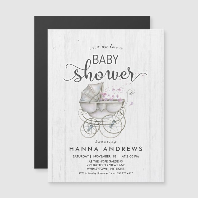 White Wood & Carriage Girl Kinderdusche Einladung (Vorne/Hinten)