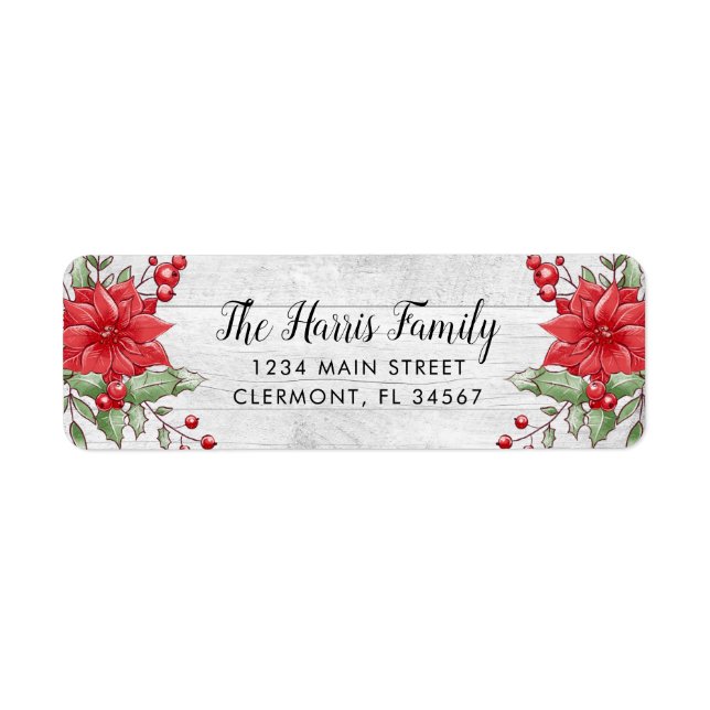 White Wood Christmas Poinsettia Holly Berry Label (Vorne)