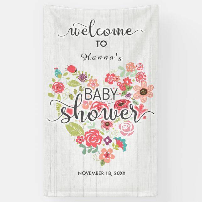White Wood Floral Heart Girl Babydusche Willkommen Banner (Vertikal)