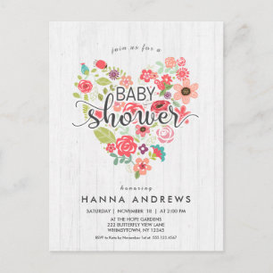 White Wood & Heart Girl Baby Dusche Einladung