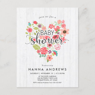 White Wood & Heart Girl Baby Dusche Einladung