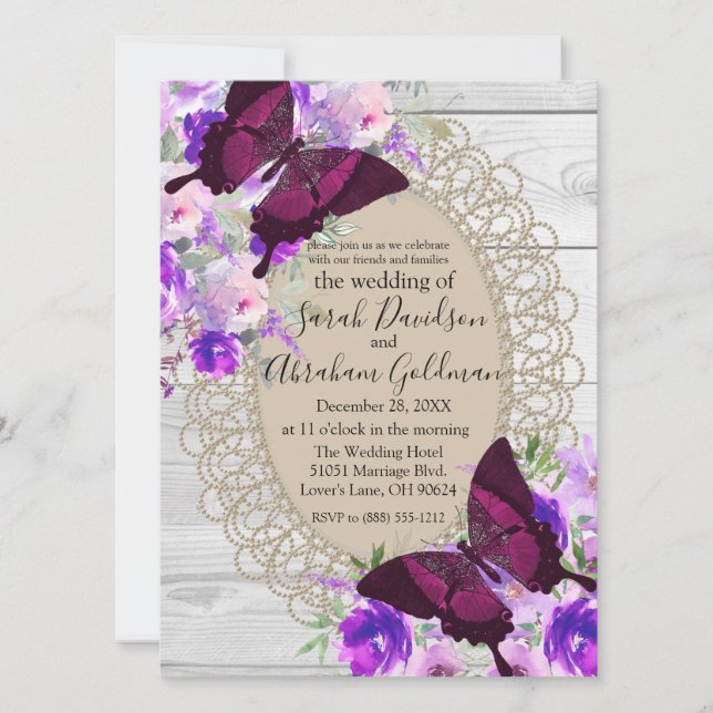 White Wood Lace Butterflies Butterfly Wedding Einladung (Vorderseite)