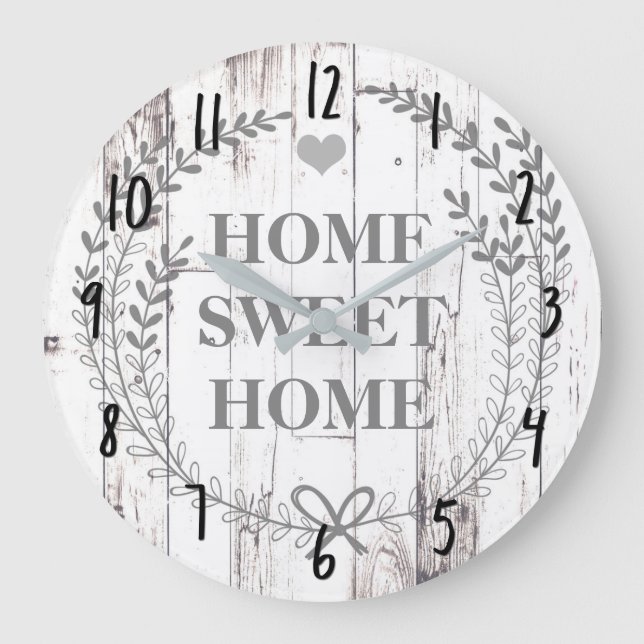 White Wood Rustic Farmhouse Home Sweet Home Große Wanduhr (Vorderseite)