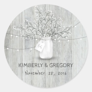 White Wood Rustic Mason Jar Gipskraut Wedding Runder Aufkleber