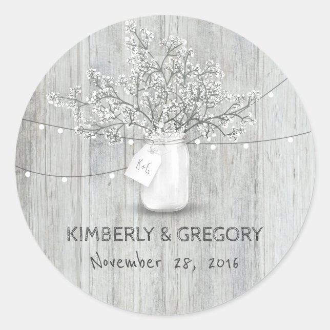 White Wood Rustic Mason Jar Gipskraut Wedding Runder Aufkleber (Vorderseite)
